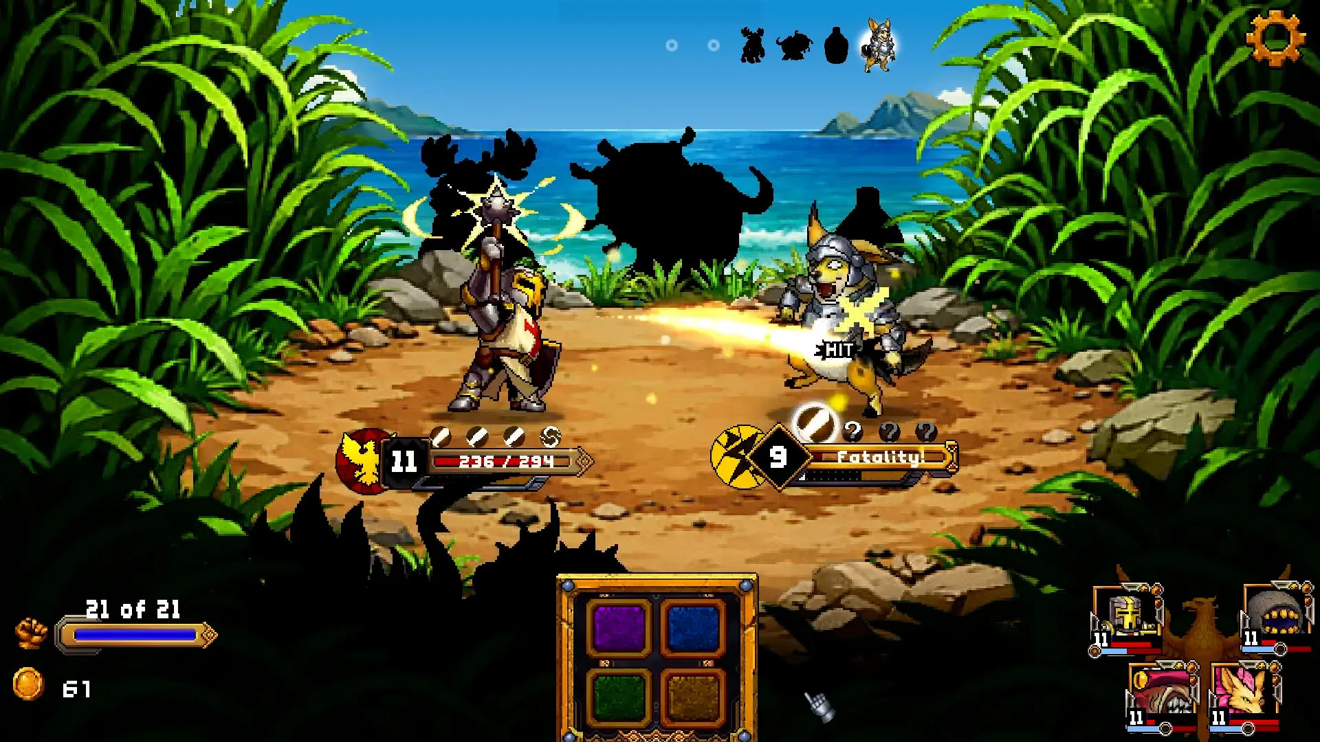 Fear Tall Grass battle on a beach, a knight swinging a mace at an armoured fox