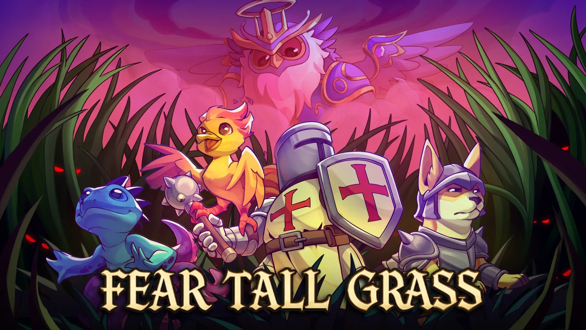 Fear Tall Grass key art with a knight, a fox, a bird and a lizard crouched in tall grass beneath a giant owl