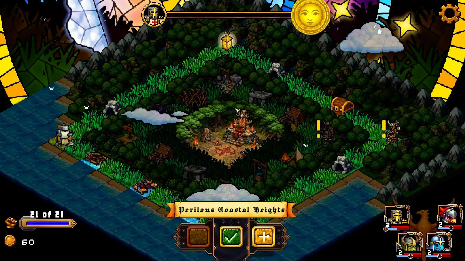 Fear Tall Grass overworld map with a forest clearing, an altar and the party at the shore