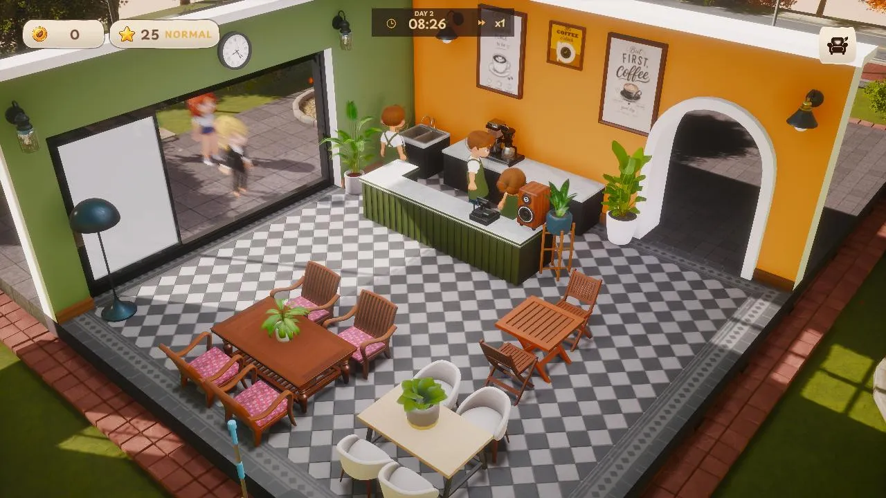 The furnished shop in the morning, baristas behind the counter and tables set