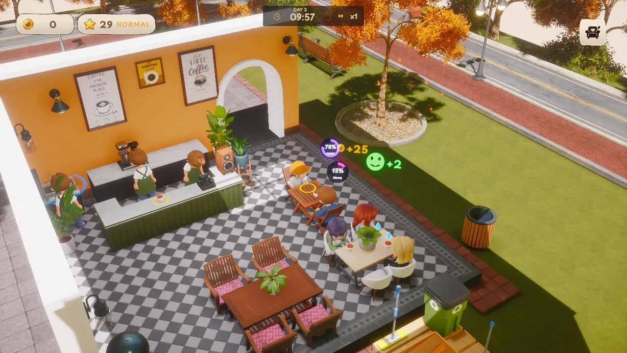 Customers seated with drinks while a barista serves, earning coins and happiness